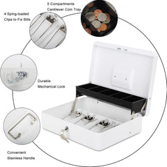 Cash Box With Lock & 2 Keys, Metal Money Box With Cash Tray, Portable Lock Safe Box, 4 Bill, 5 Coin Slots, Large Cash Boxes With Money Tray For Small Business 11.8 X 9.5 X 3.5 Inch, Colour - White