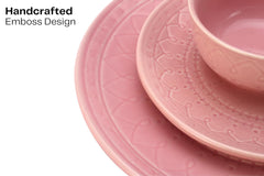 Handcrafted Stoneware Embossed Ceramic Dinner Set Of 20 Pcs With Serving Bowl Set - Light Pink | 6 Dinner Plates+ 6 Small Plates+ 6 Small Dinner Bowls, 180ml Each+ 2 Serving Bowl, 1000ml Each