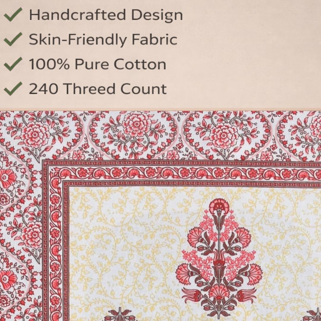 Soft Cotton Single Size Bedsheet With 1 Pillow Cover - 60 X 90 Inches, Cream & Red | Durable For Everyday Use - All Season Comfort