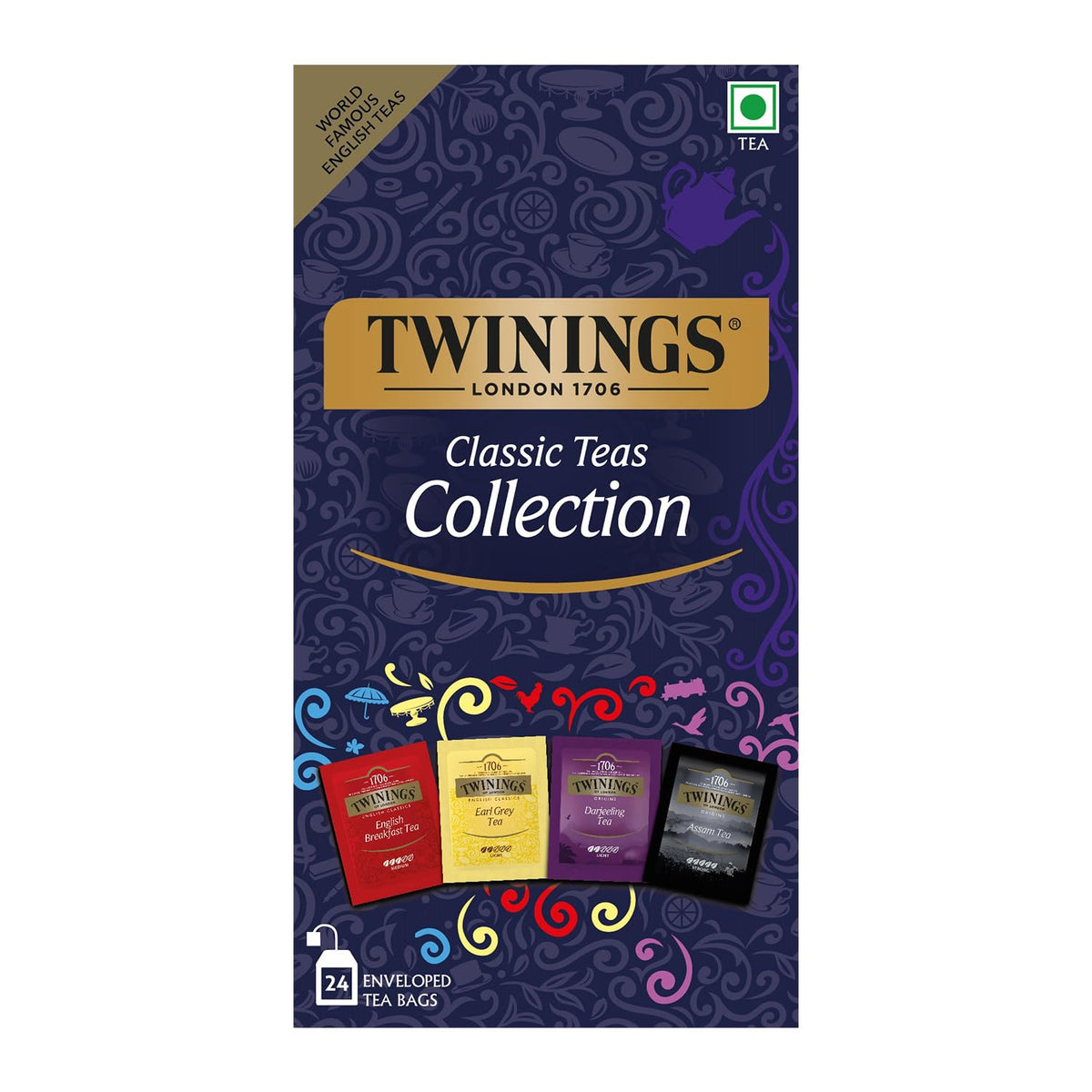 Twinings Classic Teas Collection Pack Includes 4 Different Flavors - English Breakfast Tea+ Earl Grey Tea+ Darjeeling Black Tea+ Assam Tea | 24 Enveloped Tea Bags, 48gm, 1.69 Ounce - Caffeine Free