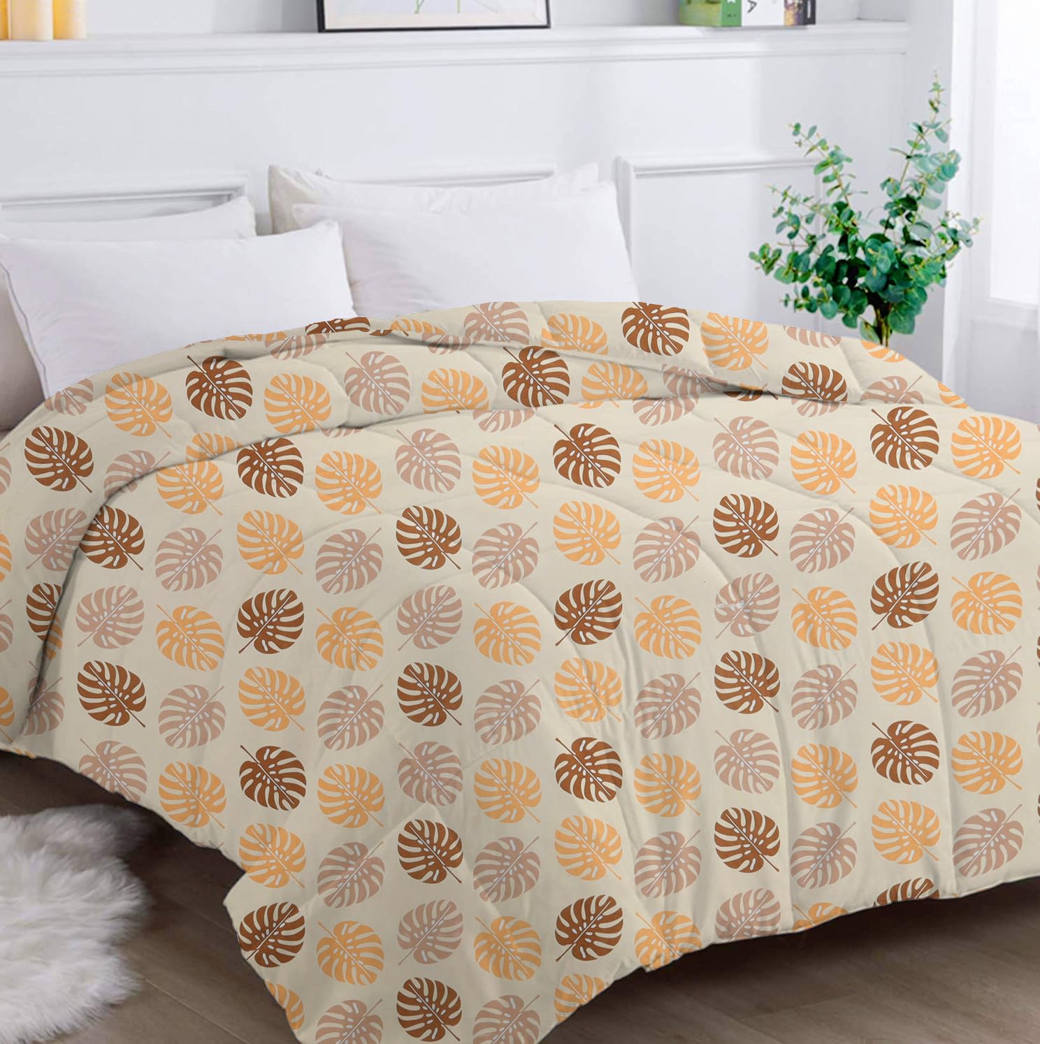Cotton King Size Double Bedsheet 1 AC Comforter & 2 Pillow Covers | 90 X 100 Inches, Beige & Brown - Perfect Gift Set Wedding, Anniversary | 4 Pc Bedding Set