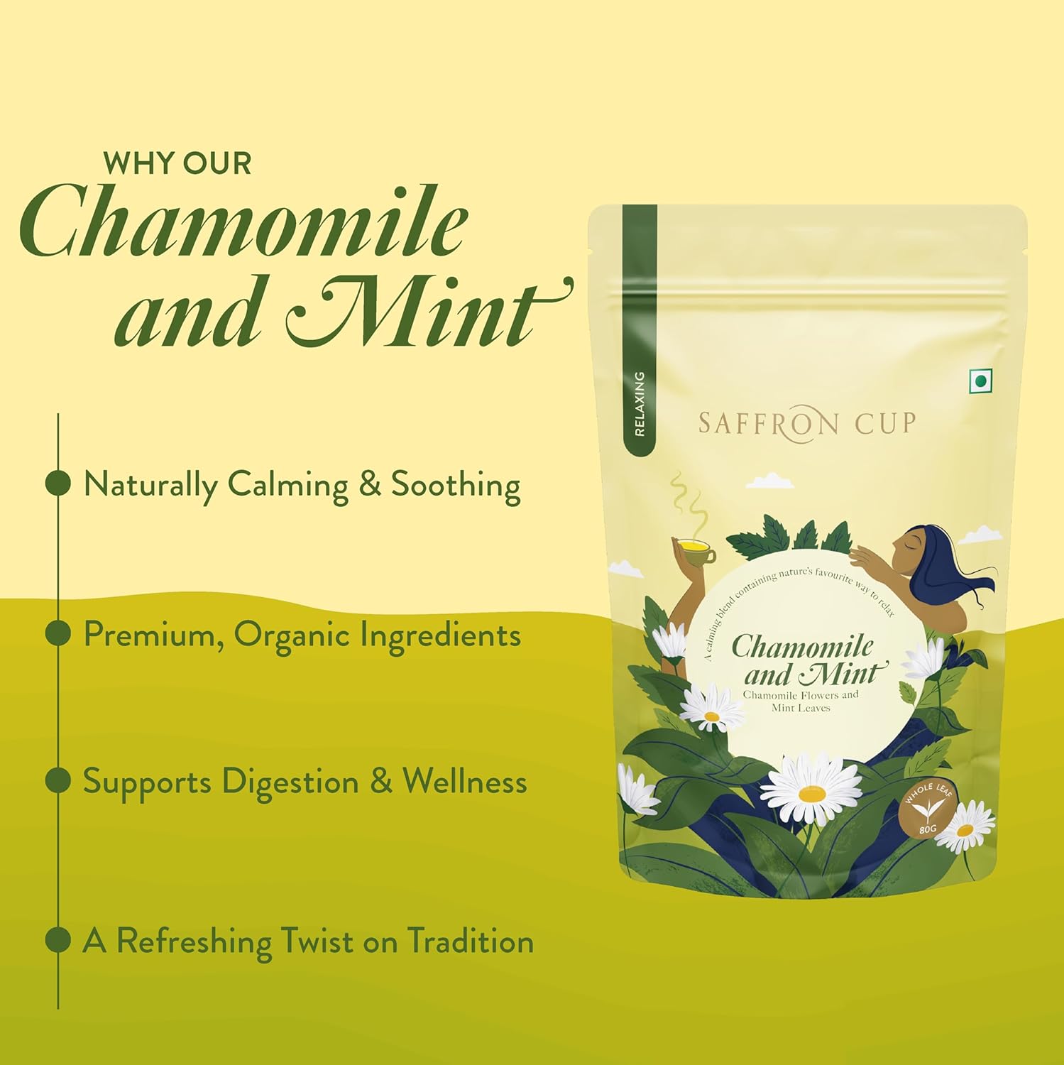 Saffron Cup Chamomile & Mint Tea - 80gm, 2.8 Ounce | 100% Natural, Rich In Antioxidants - Stress & Digestive Support | Caffeine Free, Airtight Zip Lock Pouch