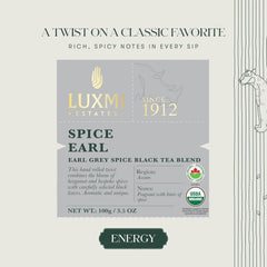 Luxmi Estates Spice Earl Grey Black Tea Blend - 50gm, 1.7 Ounce, 25 Tea Bags | USDA Certified Organic Tea - Caffeinated Herbal Tea | Made With Cinnamon, Cardamom, Cloves, Black Pepper