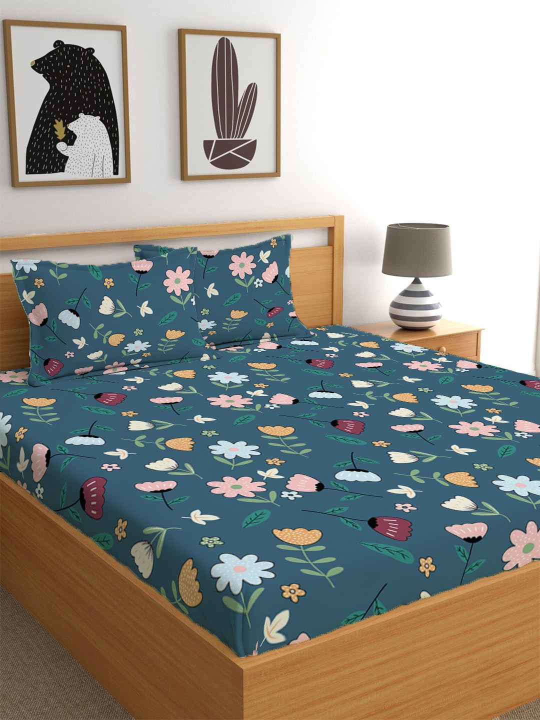 Elastic Fitted Printed King Size Double Bed Bedsheet With 2 Pillow Covers | 72 X 78 X 10 Inches, Blue | Super Soft Premium Brushed Glace Cotton Material