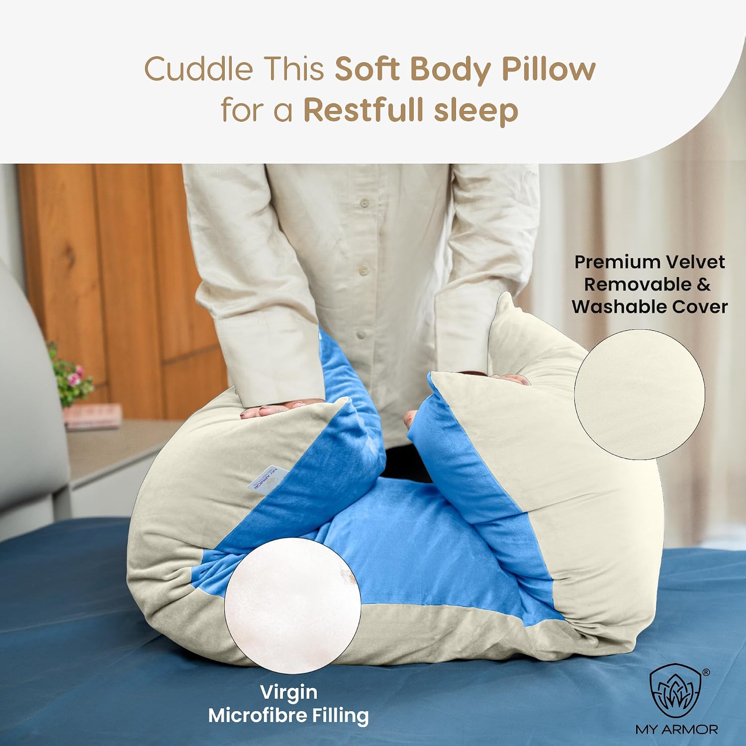 Microfiber Body Side Pillow For Sleeping For Pregnancy, Cream & Sky Blue - 53 X16 Inch | Long Cuddle Pillow For Hugging, Relaxing, Washable, Premium Velvet Outer Cover With Zip, Adjustable