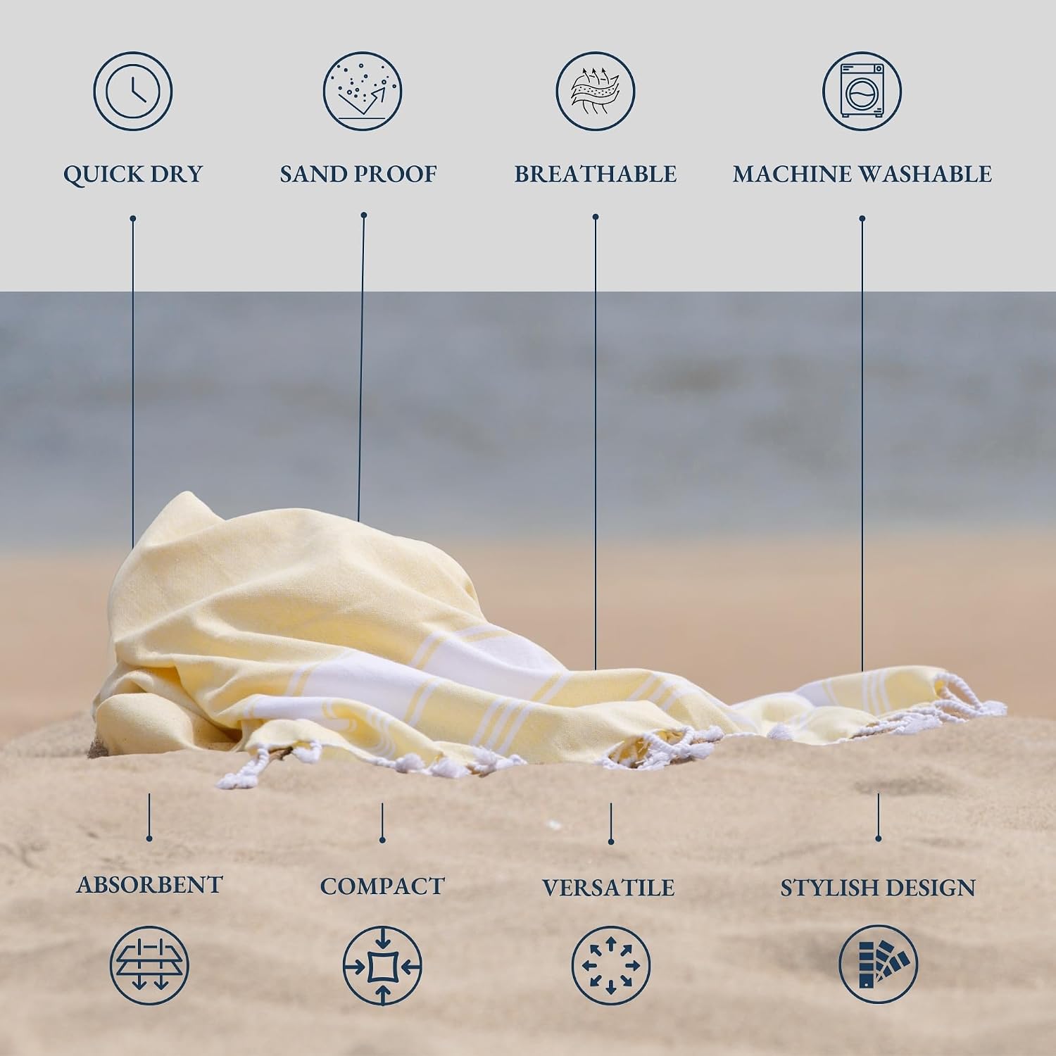 Lane Linen Large Turkish Beach Towel 699 Gsm | Lightweight Towel For Adults Oversized Pool Towels, Absorbent, Quick Dry Durable Sand Proof Beach Towel - Yellow (2 Pack)