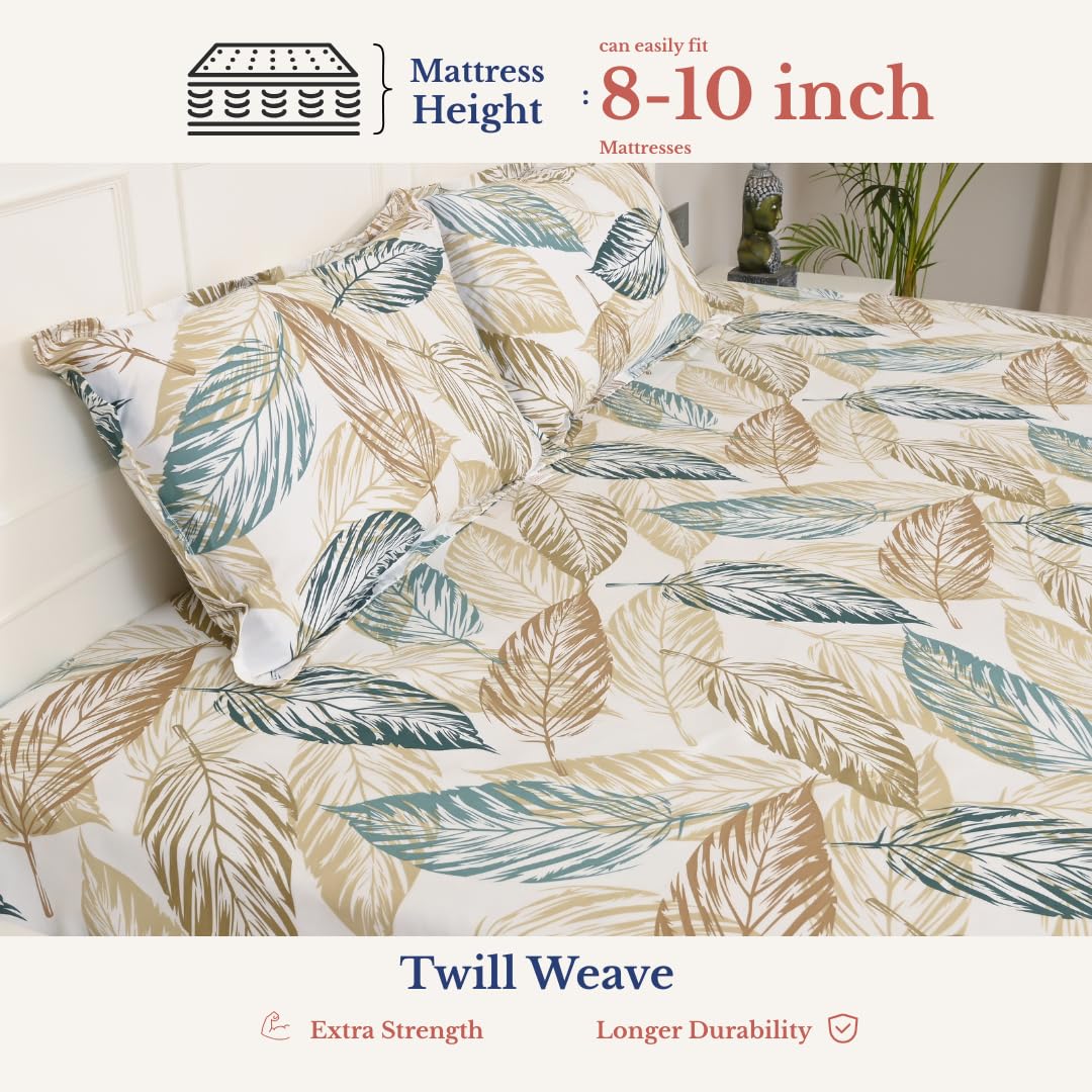 Elastic Fitted Bedsheet Double With 2 Pillow Covers - 72 × 78 X 8 Inches, Beige & Grey | Durable, Fade Resistant & Easy-Care Pure Cotton
