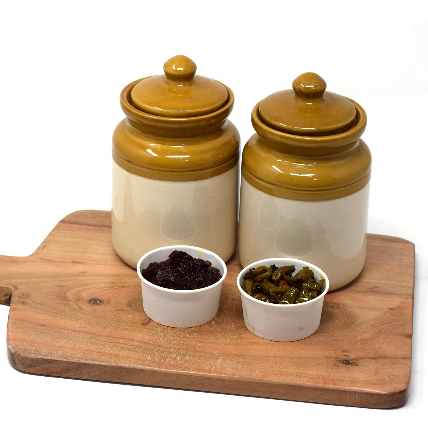 Rustic Dual Tone Ceramic Barni Set Of 2 - 500ml Each, Brown | Handcrafted Pickle Jar - Storage Container With Lid | 2 Pieces, Microwave Safe & Dishwasher Safe - Burni Set