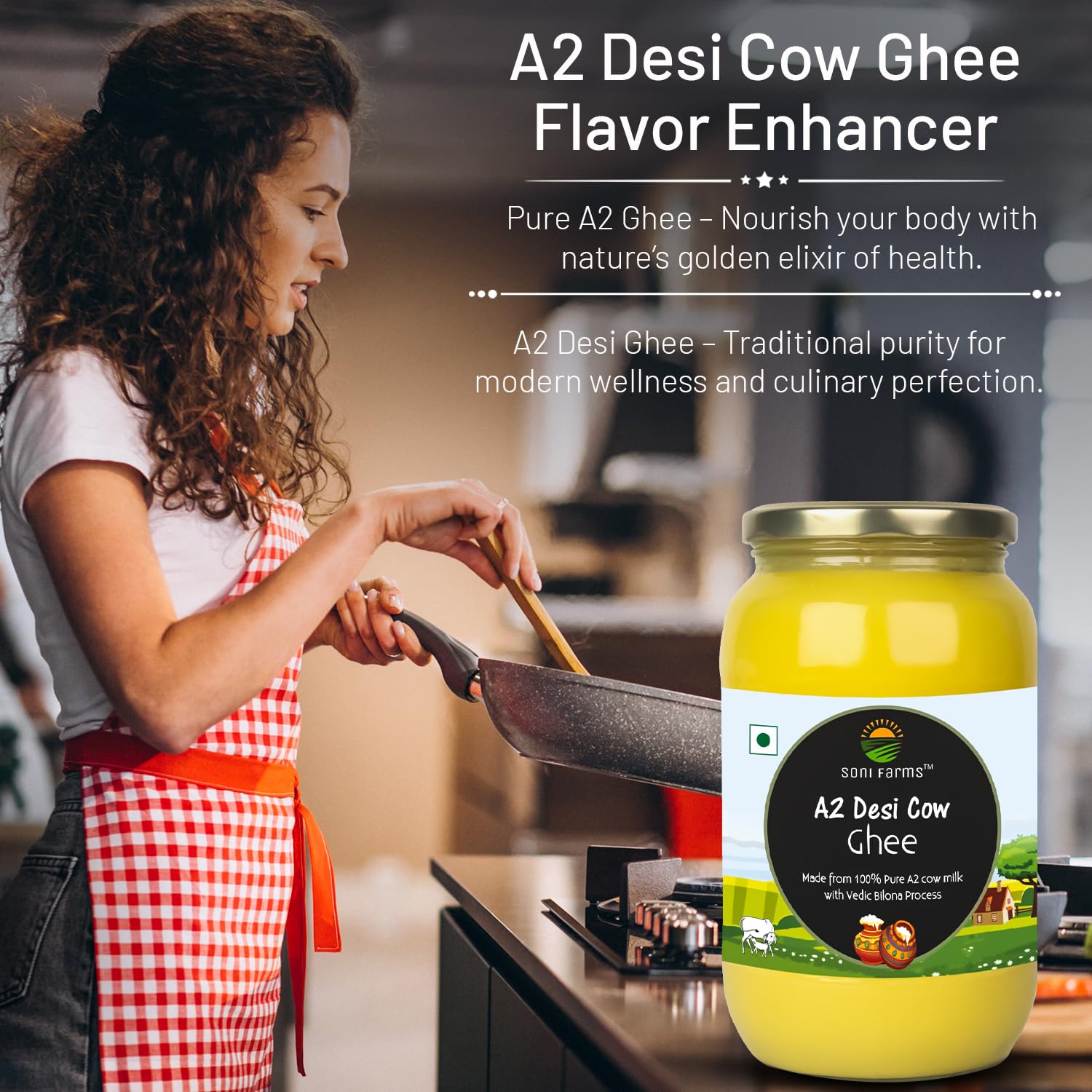 100% Pure 2 Cow Desi Ghee By Soni Farms | Traditional Bilona Method Healthy Pure Desi Ghee Good For Cooking | 2 Litre (1 Litre * 2) 67.6 Ounce | Jar Pack