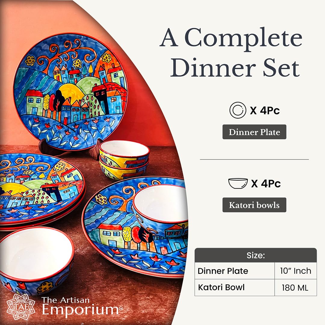 Exotic Panorama Hand Painted Ceramic Dinner Set - 8 Pieces, Multicolor | 4 Dinner Plates + 4 Katori Bowls, 180ml Each Dinnerware Set | Serving For 4, Microwave Safe & Dishwasher Safe