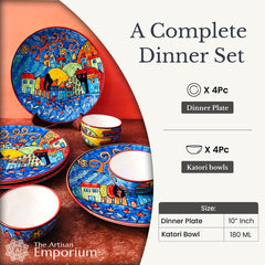 Exotic Panorama Hand Painted Ceramic Dinner Set - 8 Pieces, Multicolor | 4 Dinner Plates + 4 Katori Bowls, 180ml Each Dinnerware Set | Serving For 4, Microwave Safe & Dishwasher Safe