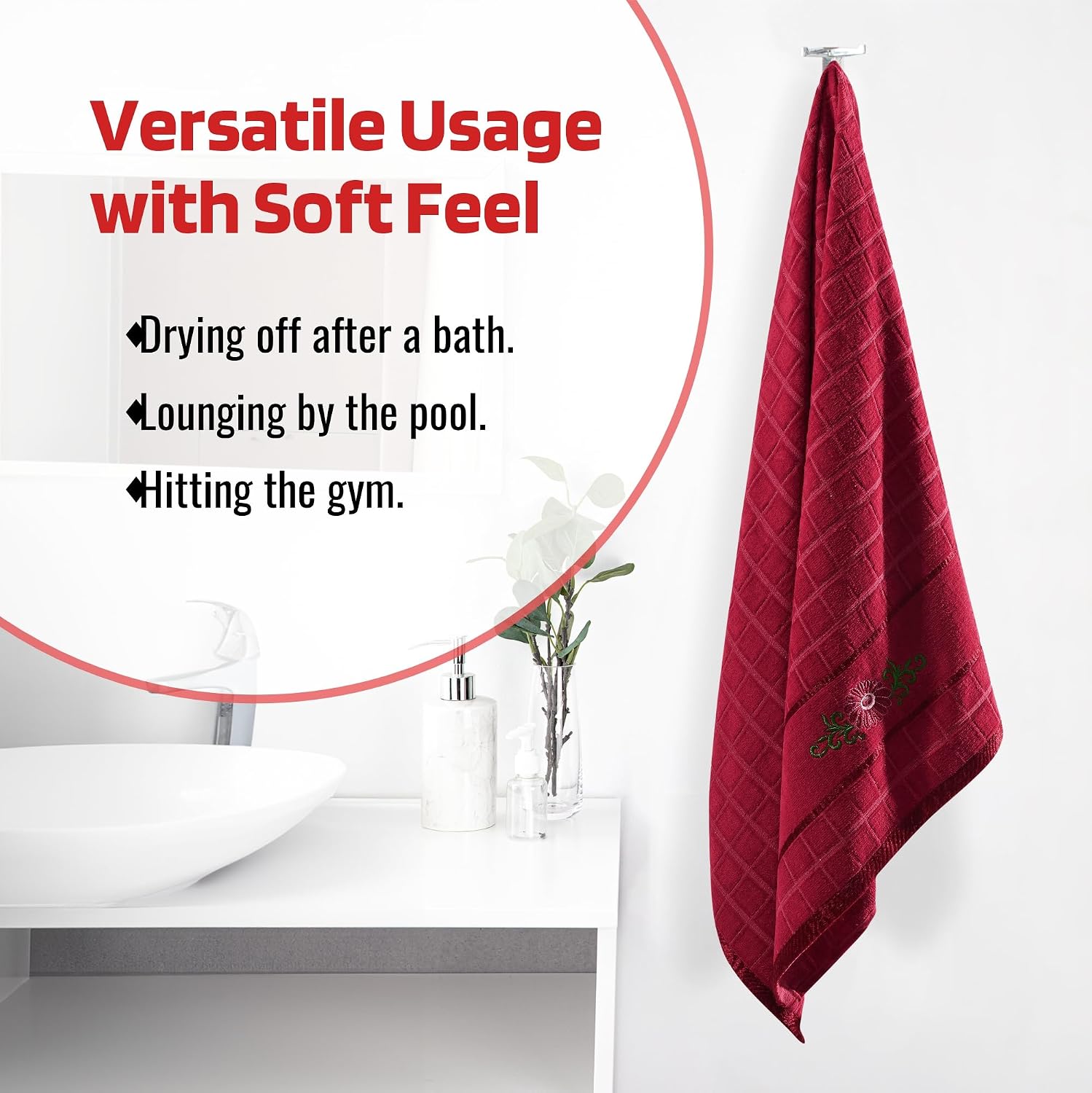 Kuber Industries Rectangle Super Absorbent Bath Towel 500 Gsm | Soft & Comfortable Swimming & Bathing Towels | Gold Flower (Red)- Pack Of 1