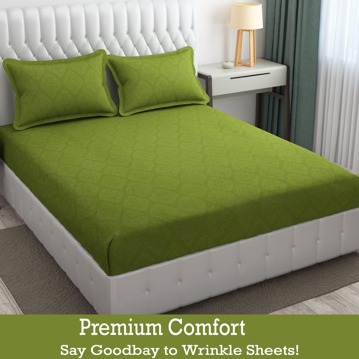 144 TC Rotary Printed King Size Bedsheet With 2 Pillow Covers - 90 X 95 Inches | Maximum Green, Damas Design Bedsheet | Machine Washable & Wrinkle Resistant