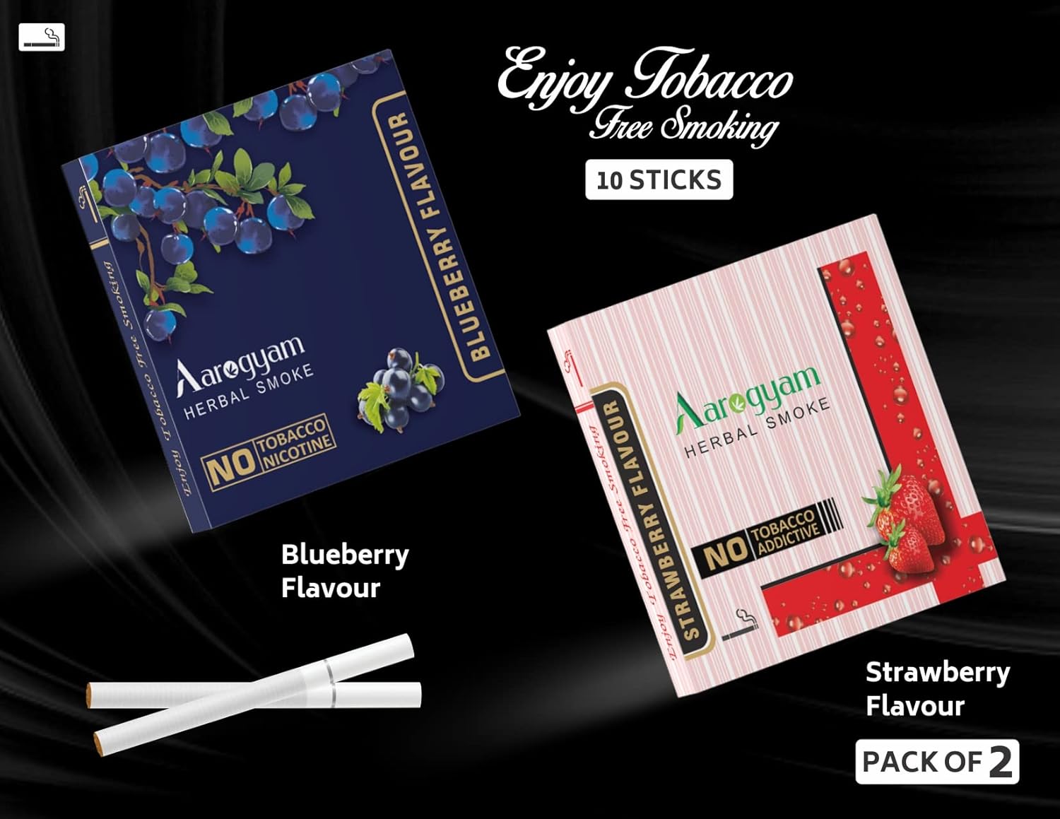 Aarogyam Herbals Pack Of 2 Flavours 100% Tobacco & Nicotine Free Cigarette For Relieve Stress & Mood Enhance Product Strawberry, Blueberry - 10 Sticks X 2 Packets