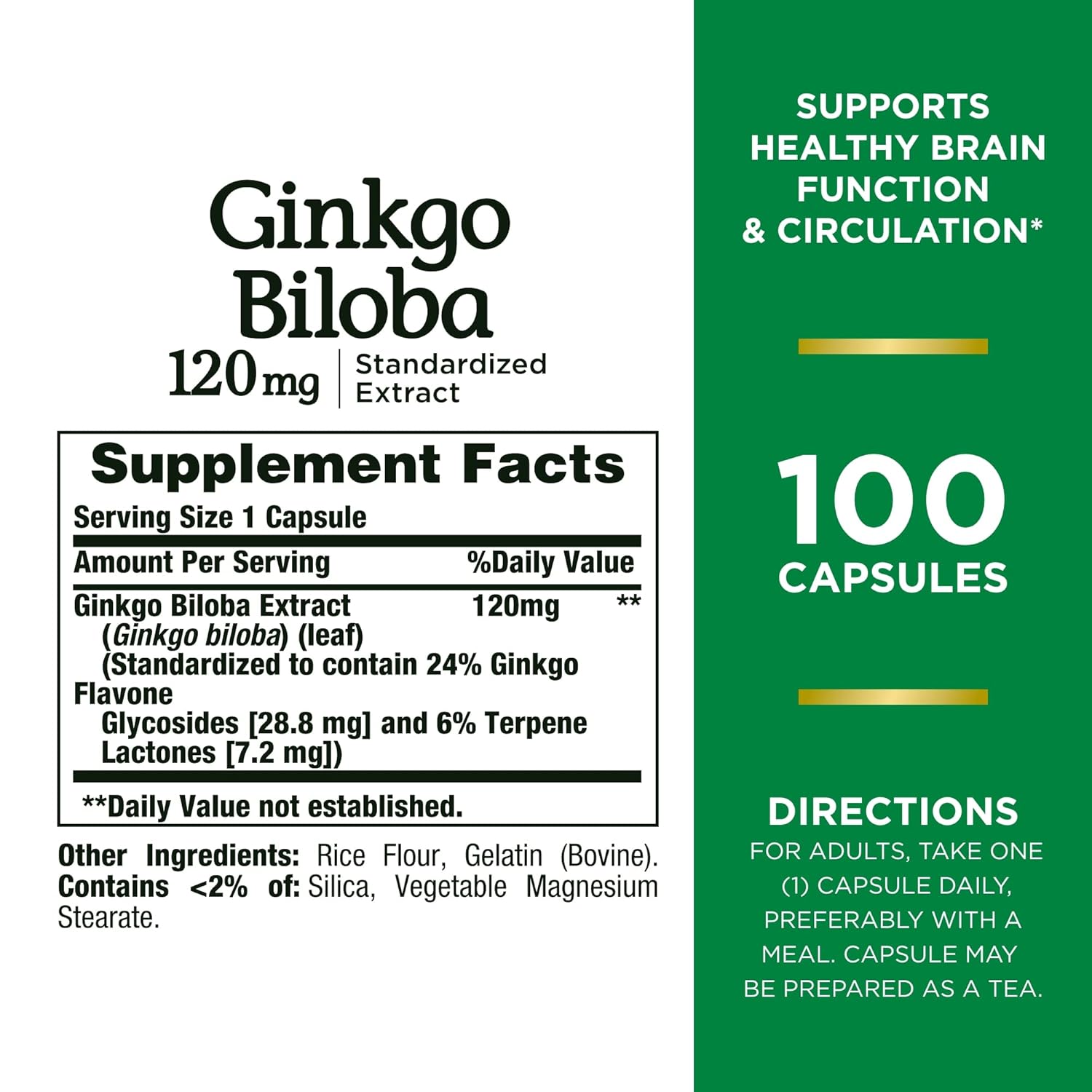 Nature's Bounty Ginkgo Biloba 120mg, Help Maintain Healthy Circulation, Supports Healthy Brain Function | 100 Capsules 100gm 0.2lbs