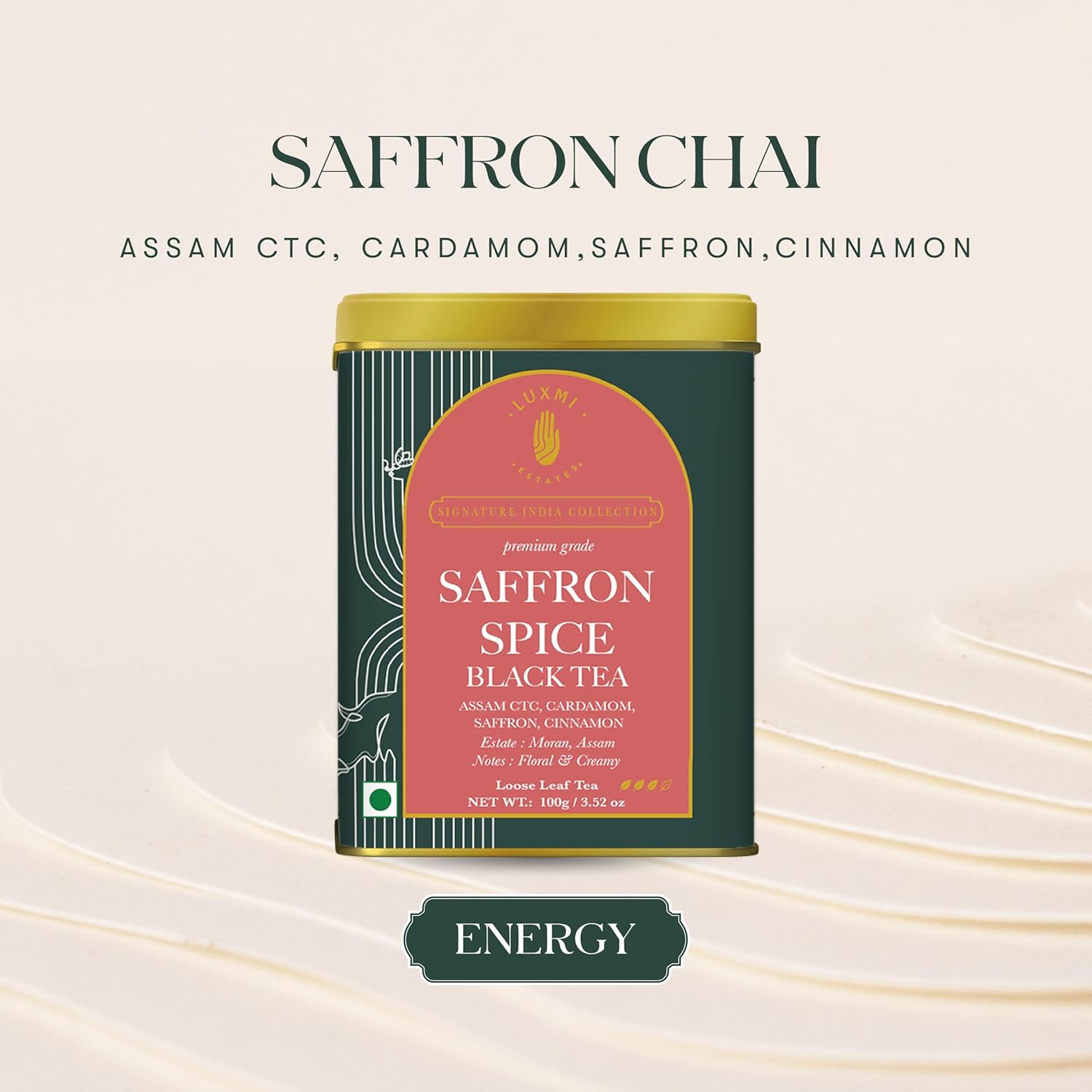 Luxmi Estates Saffron Spice Black Tea - 100gm, 3.5 Ounce | USDA Certified Organic Tea - Medium Caffeine Black Tea | Made With Kashmiri Saffron, Cinnamon, Natural Cardamom Extract - Assam CTC Tea