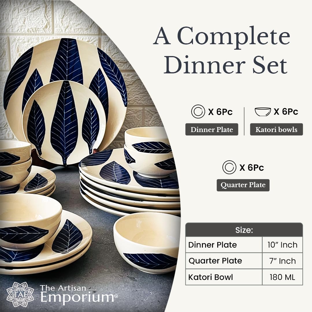 Patram Hand Painted Ceramic Dinner Set - 18 Pieces, White & Blue | 6 Dinner Plates + 6 Katori Bowls, 180ml Each+ 6 Quarter Plates Dinnerware Set | Serving For 6, Microwave Safe