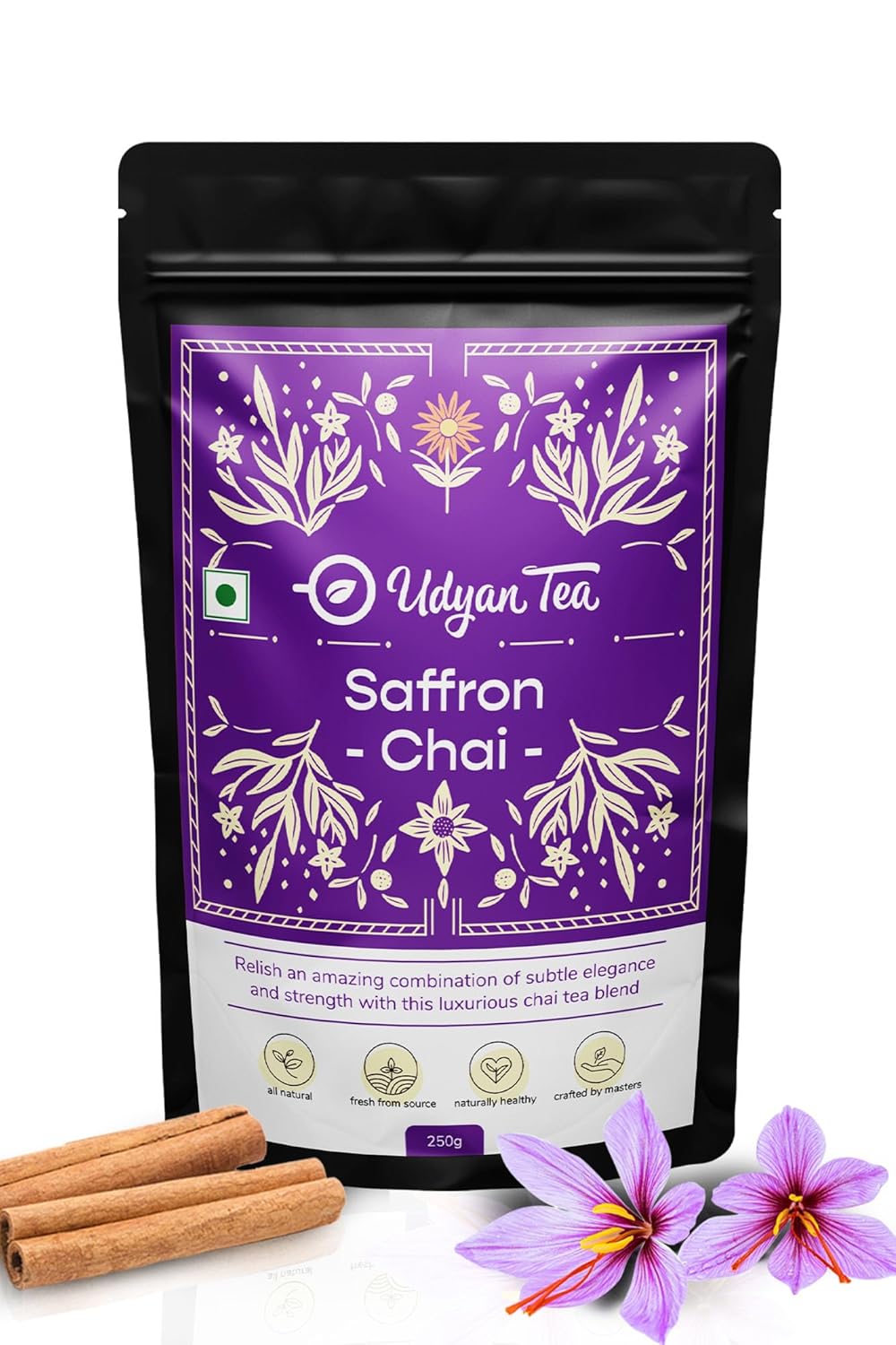Udyan Tea Saffron Chai - 250gm, 8.8 Ounce | Premium Whole Leaf CTC Tea With Saffron & Natural Spices - Traditional Indian Spice Chai Latte | High Caffeine Tea Leaf
