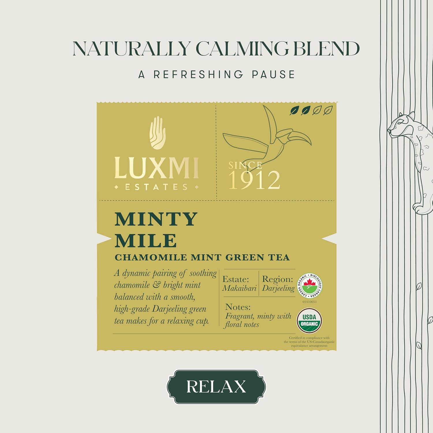 Luxmi Estates Minty Mile Chamomile Mint Green Tea - 30gm, 1.05 Ounce, 15 Tea Bags | USDA Certified Organic Green Tea - Low Caffeine Chamomile Green Tea