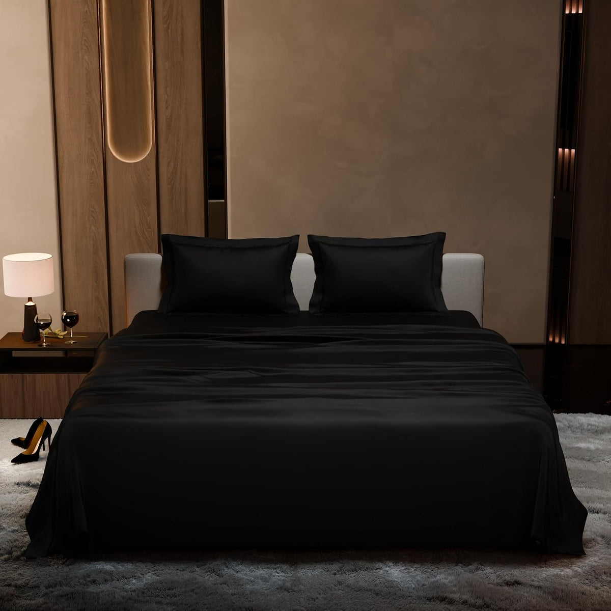 Double Bedsheet With 2 Pillow Covers - 90 X 100 Inches, Black | Ultra Satin Premium Bedding Set | Gift For Couples, Wedding, Anniversary, Date Night