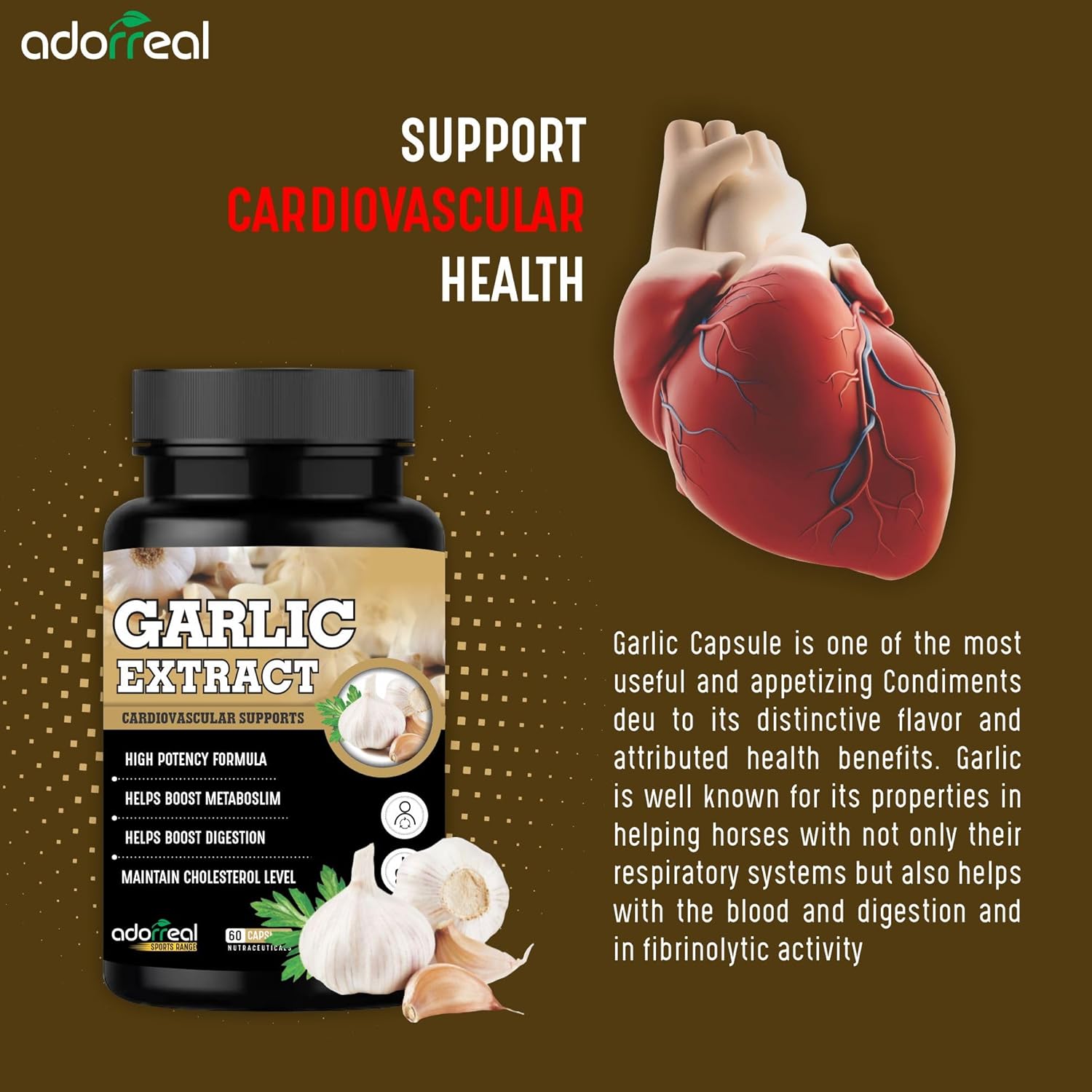 Adorreal Garlic Extract Capsules, Cardiovascular Support, Boosts Digestion, Maintains Cholesterol, Promoting Healthy Blood Flow & Circulation | 60 Capsules 100gm 0.2lbs