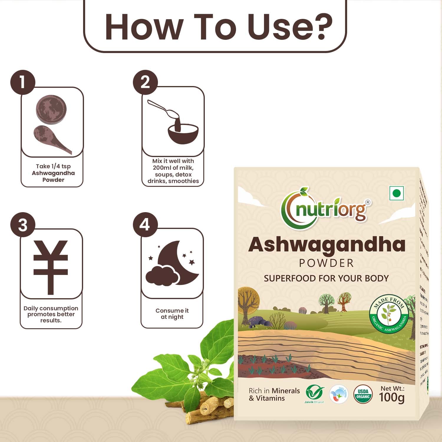 Nutriorg Organic Ashwagandha Root Powder, Boost Energy, Strength, Stamina, Helps Anxiety & Stress Relief For Men & Women | 100gm 0.2lbs