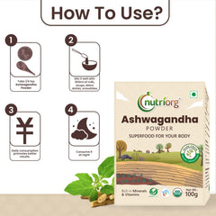 Nutriorg Organic Ashwagandha Root Powder, Boost Energy, Strength, Stamina, Helps Anxiety & Stress Relief For Men & Women | 100gm 0.2lbs