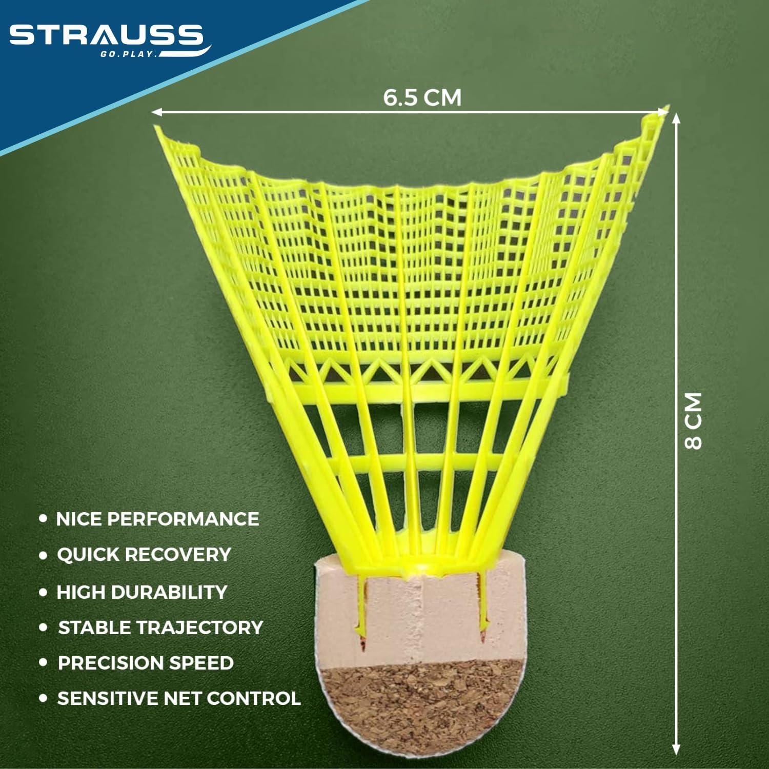 Strauss Smash Hit-22 Nylon Shuttlecock Stable Flight , Fast Recovery , Medium Speed | Yellow , Pack Of 6