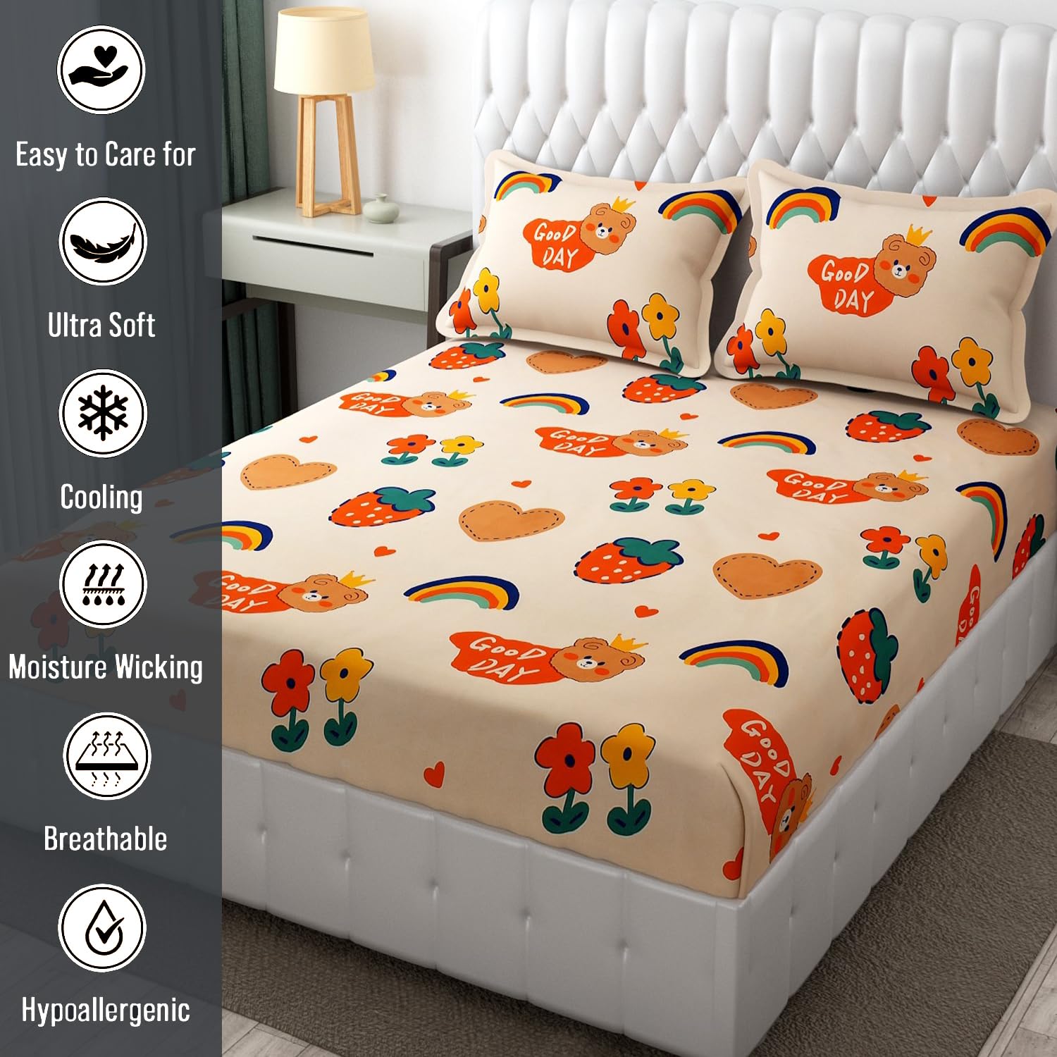 Wrinkle Free Soft Kids Double Bedsheets For King Size With 2 Pillow Cover | 90 X 95 Inches, Cream | Cartoon Printed Design | Child Bedroom Decor