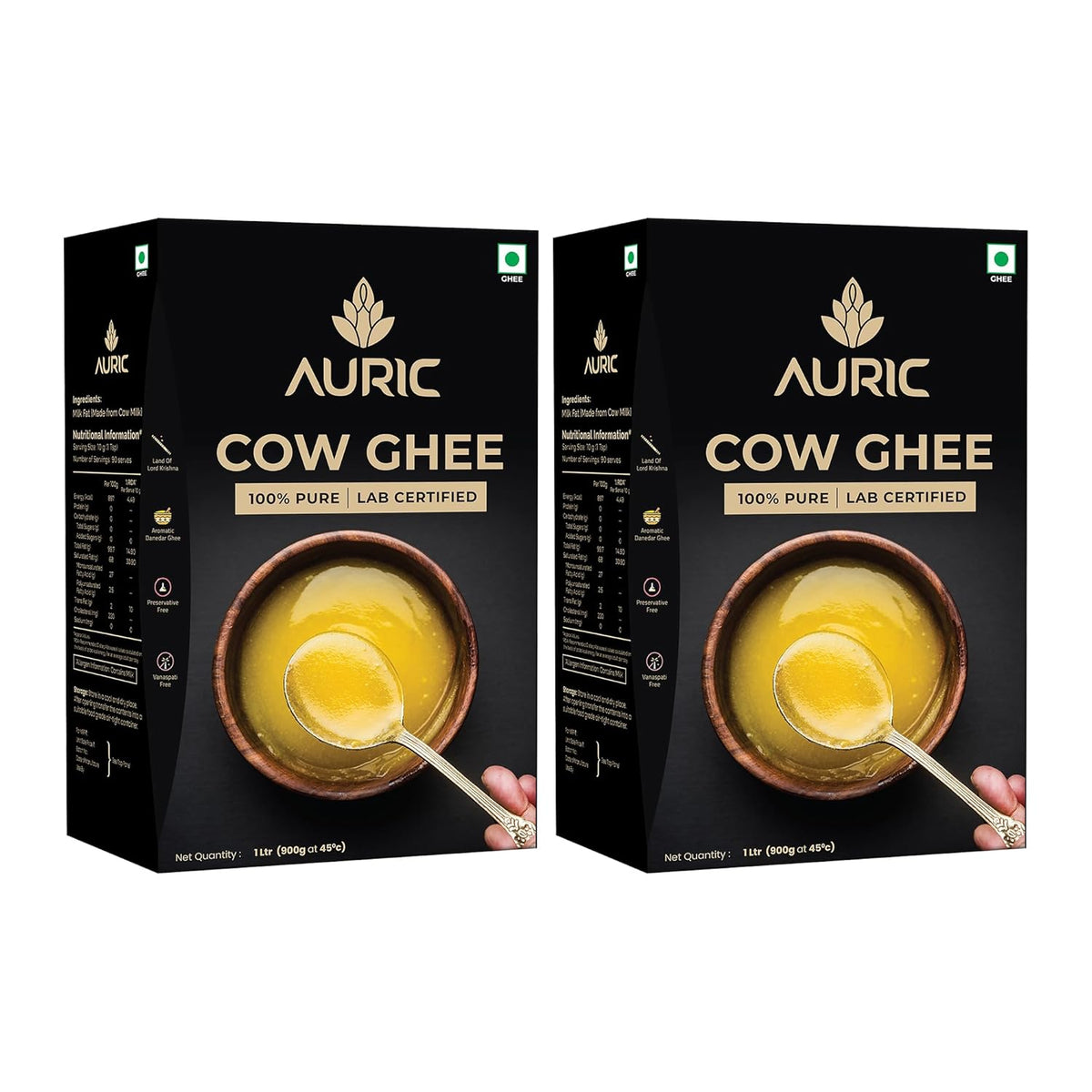 Organic Cow Ghee By Auric | Healthy & Delicious Nutrients Lab Certified Desi Ghee Protact Eyesight | 2 Litr (1 Litr * 2) 67.6 Ounce | Box Pack