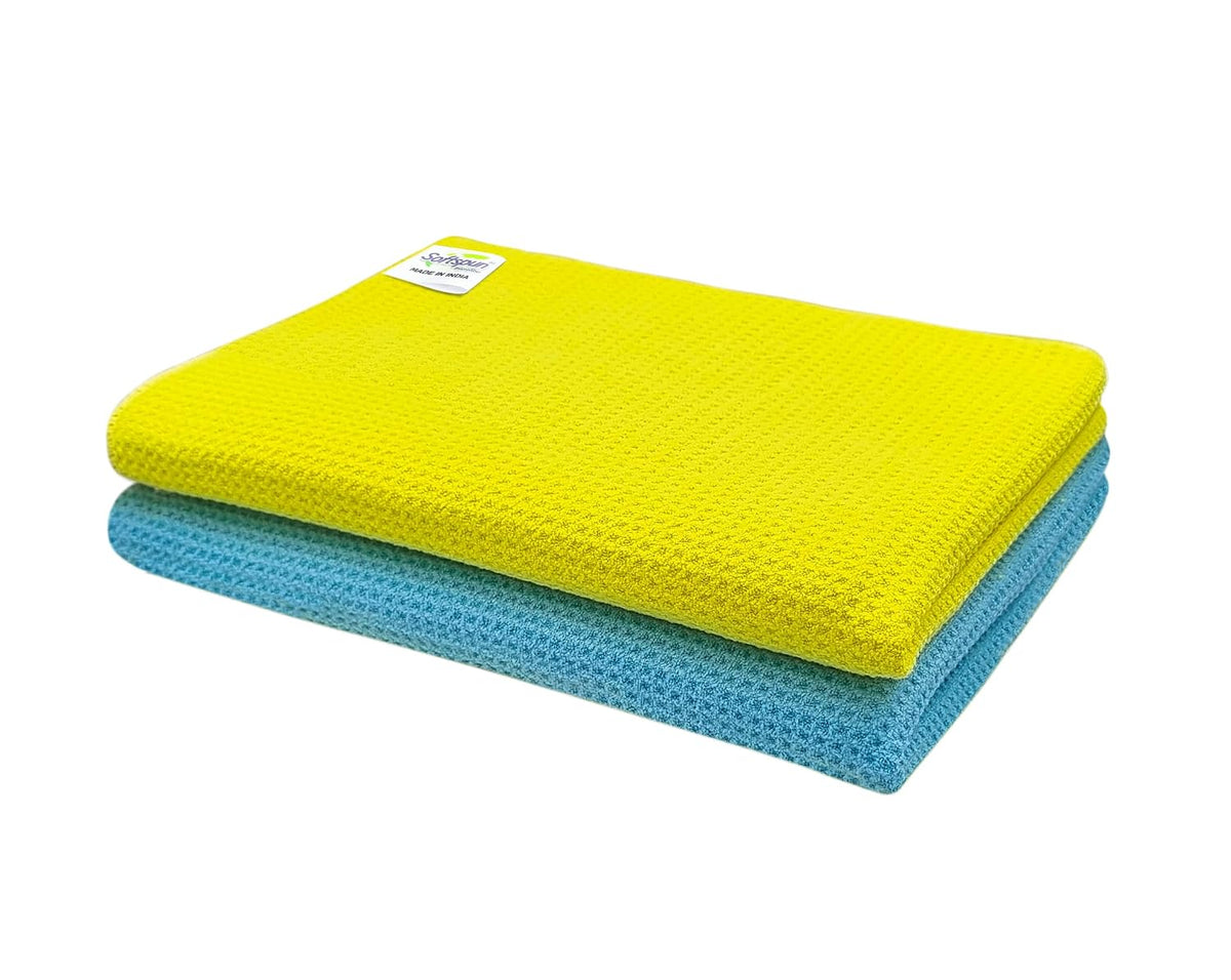 Softspun Microfiber Waffle Weave Cloths Towel 200 Gsm | Multipurpose Highly Absorbent Lintstreak Free Wash Cloth (2 Piece) -Yellow & Sky Blue