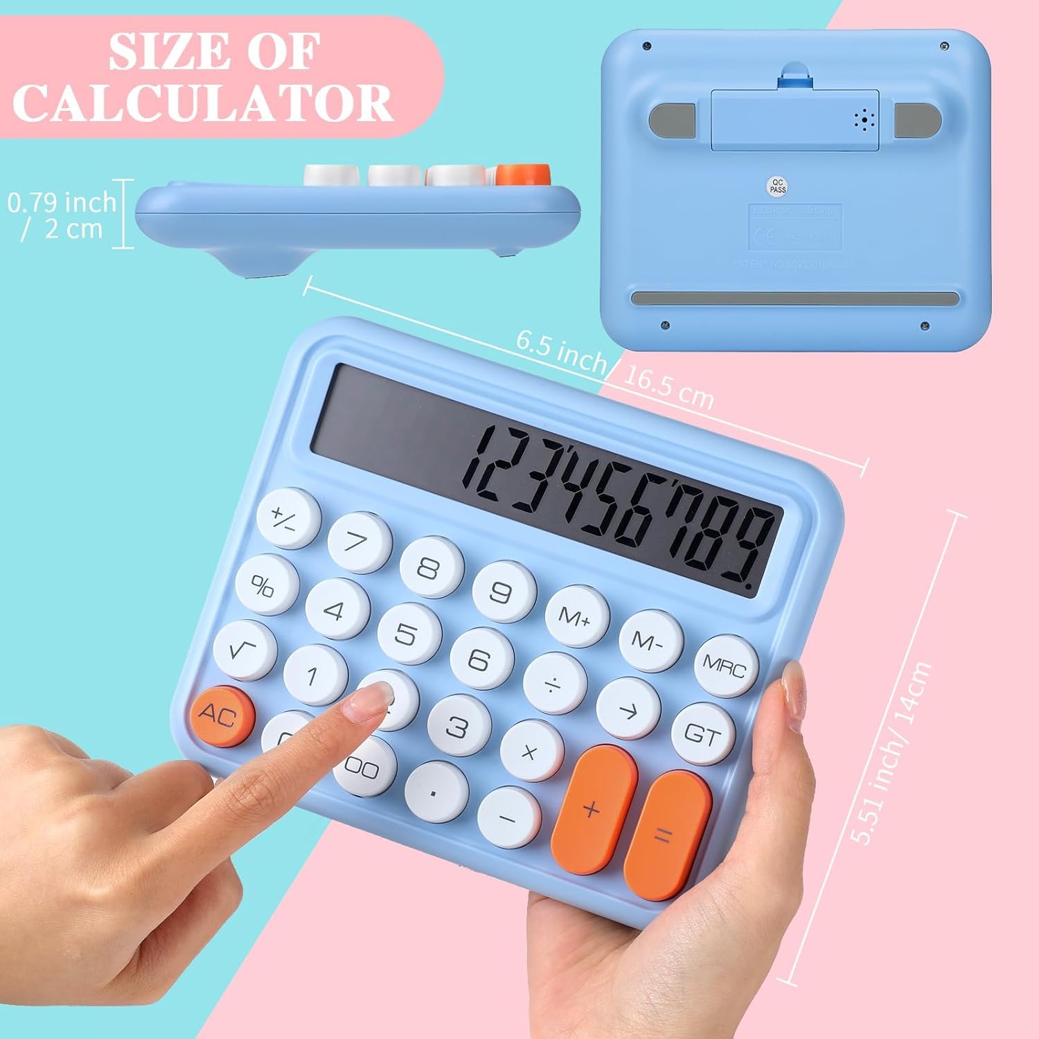 Skofri Mechanical Calculator 12 Digit Extra Large 5-inch LCD Display, Battery Desk Calculator, Big Buttons Easy To Press Use As Office Calculators Desktop, 15°tilt Screen For Kids Calculator (Blue)