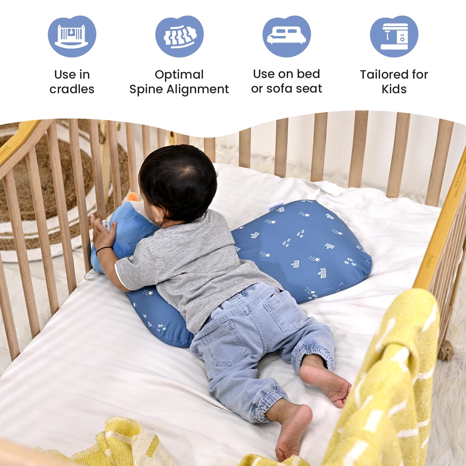Memory Foam Pillow For Kids, For Extra Neck Support, Blue, Size - 20.5 X 11.5 X 2.5 Inch | Kids Pillow, Removable Cover, Royal Star Pattern Baby Pillow For Girls & Boys, For 3 Years & Above