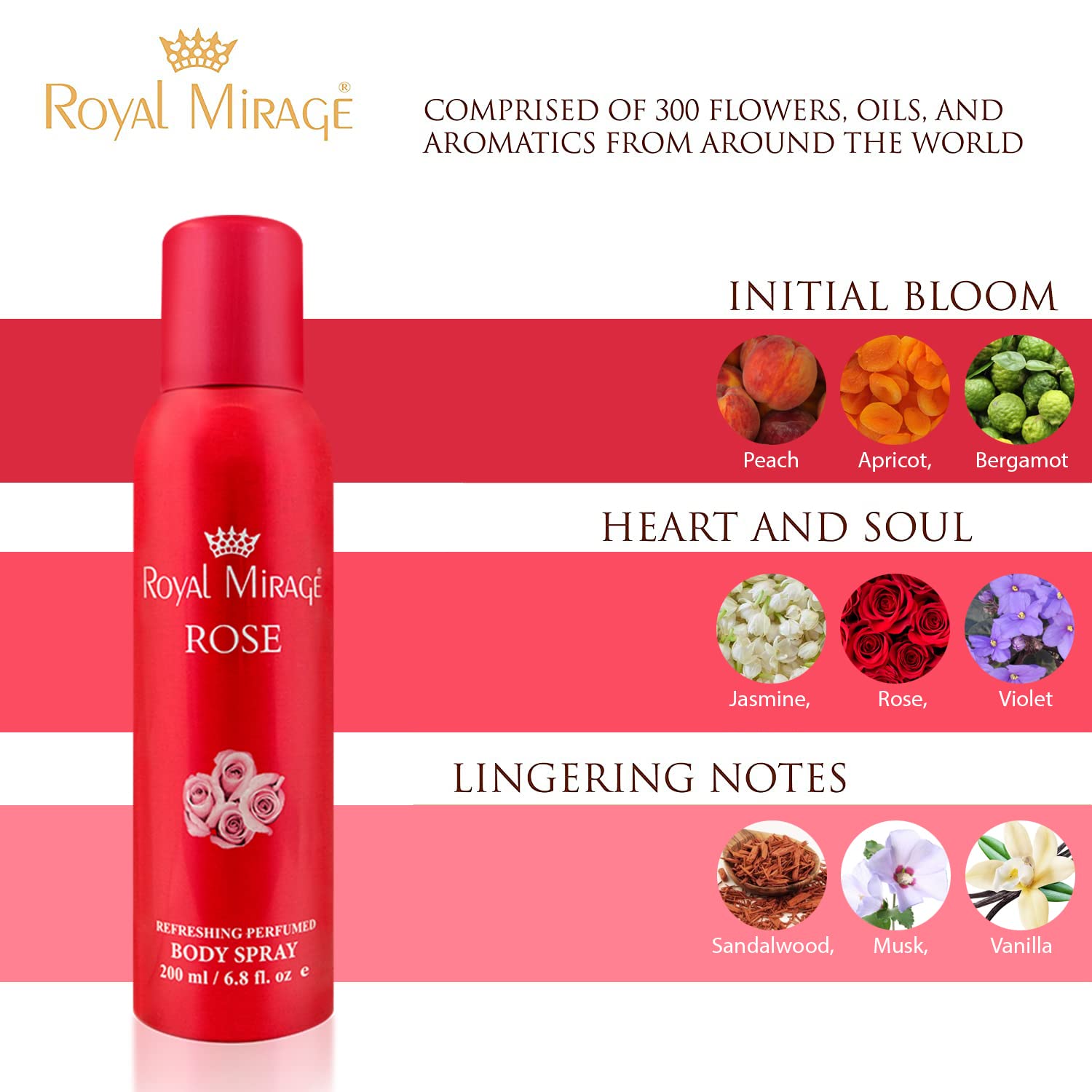 Royal Mirage Rose Refreshing Perfumed Body Spray 200ml 6.8 Fl.oz. Unisex Fragrance