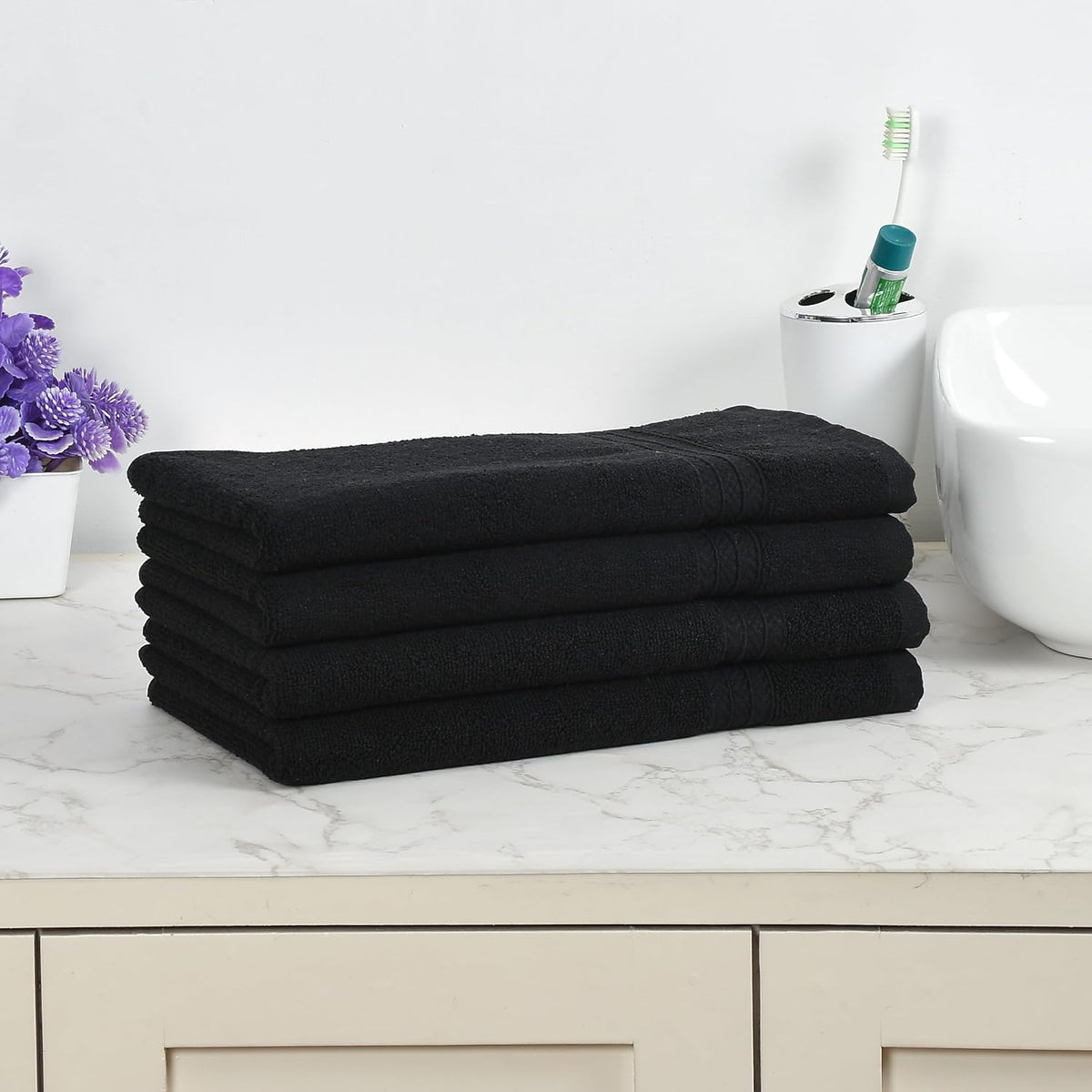 Fresh From Loom Luxury Fur Collection Hand Towel 500 Gsm Napkins Cotton High Absorbency Double Stitched Size (Black) - Set Of 4
