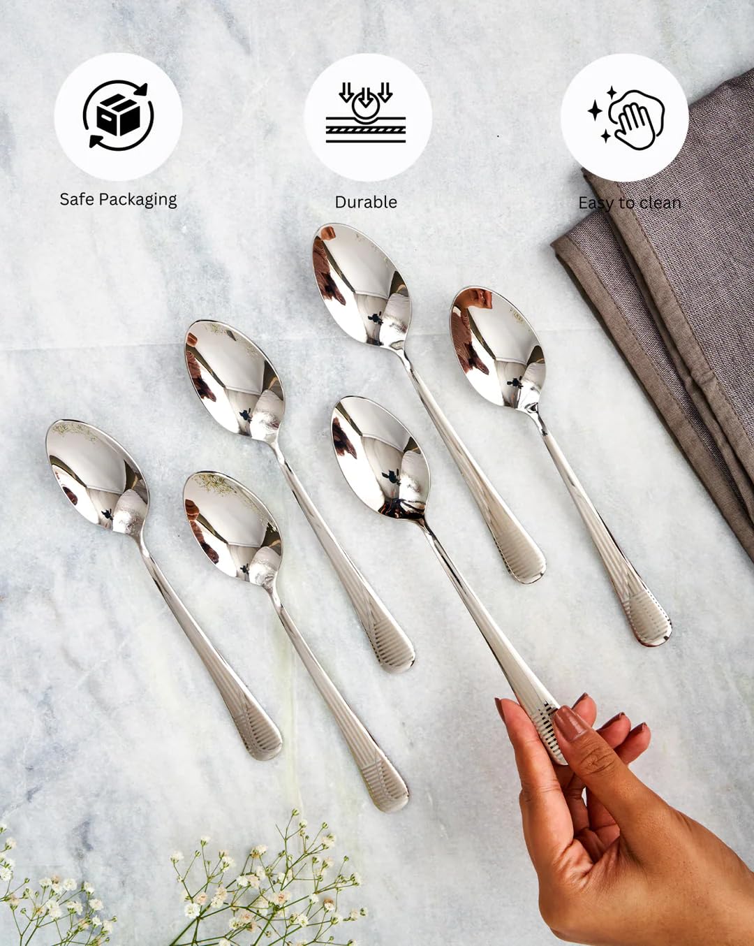 Stainless Steel Decoline Dinner Spoon Set Of 6, Chrome | Kitchen Cutlery - Serve Ware & Tableware, Dishwasher Safe