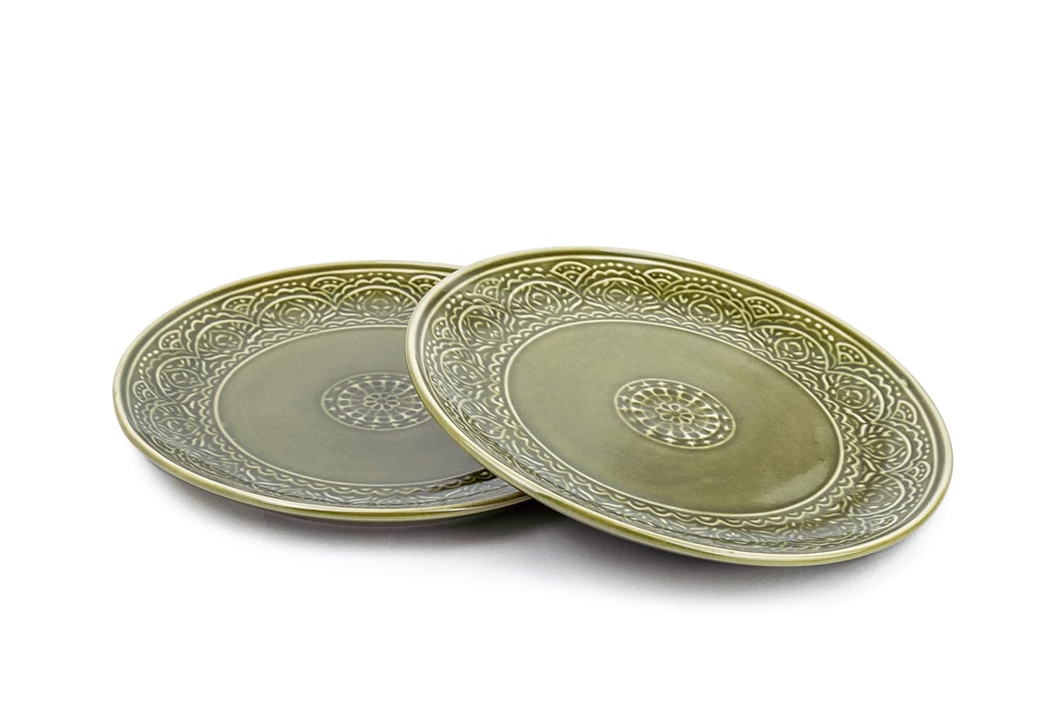 Ceramic Dinner Plates Set Of 6 Pieces, Mehndi Green Carving Series | Ceramic Plates Set With Glossy Finish - Dinner Plates Ceramic | Set Of 6 Plates For Dinner - Microwave Safe & Chip Resistant