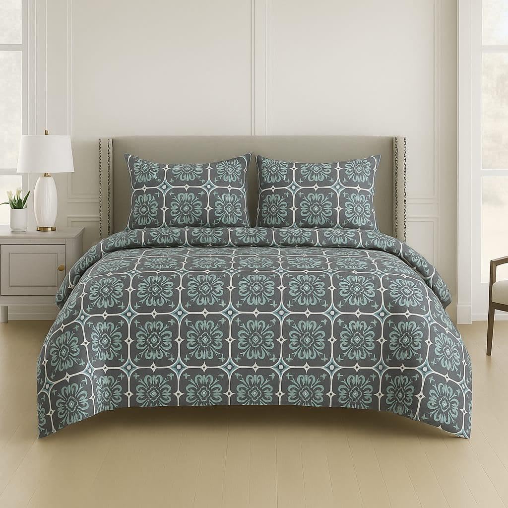 Cotton Queen Size Printed Double Bedsheet With 2 Pillow Covers For Home | 90 X 100 Inches, Grey & Blue - Beautiful Bedsheet Set | Perfect For Gifting Wedding, Anniversary