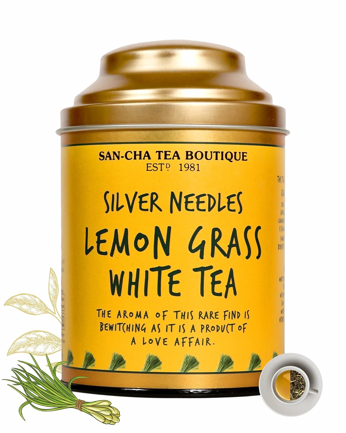 San-Cha Silver Needles Lemongrass White Tea - 75gm, 2.6 Ounce | Relaxing & De-Stress Tea - Low Caffeine, Richest In Antioxidants
