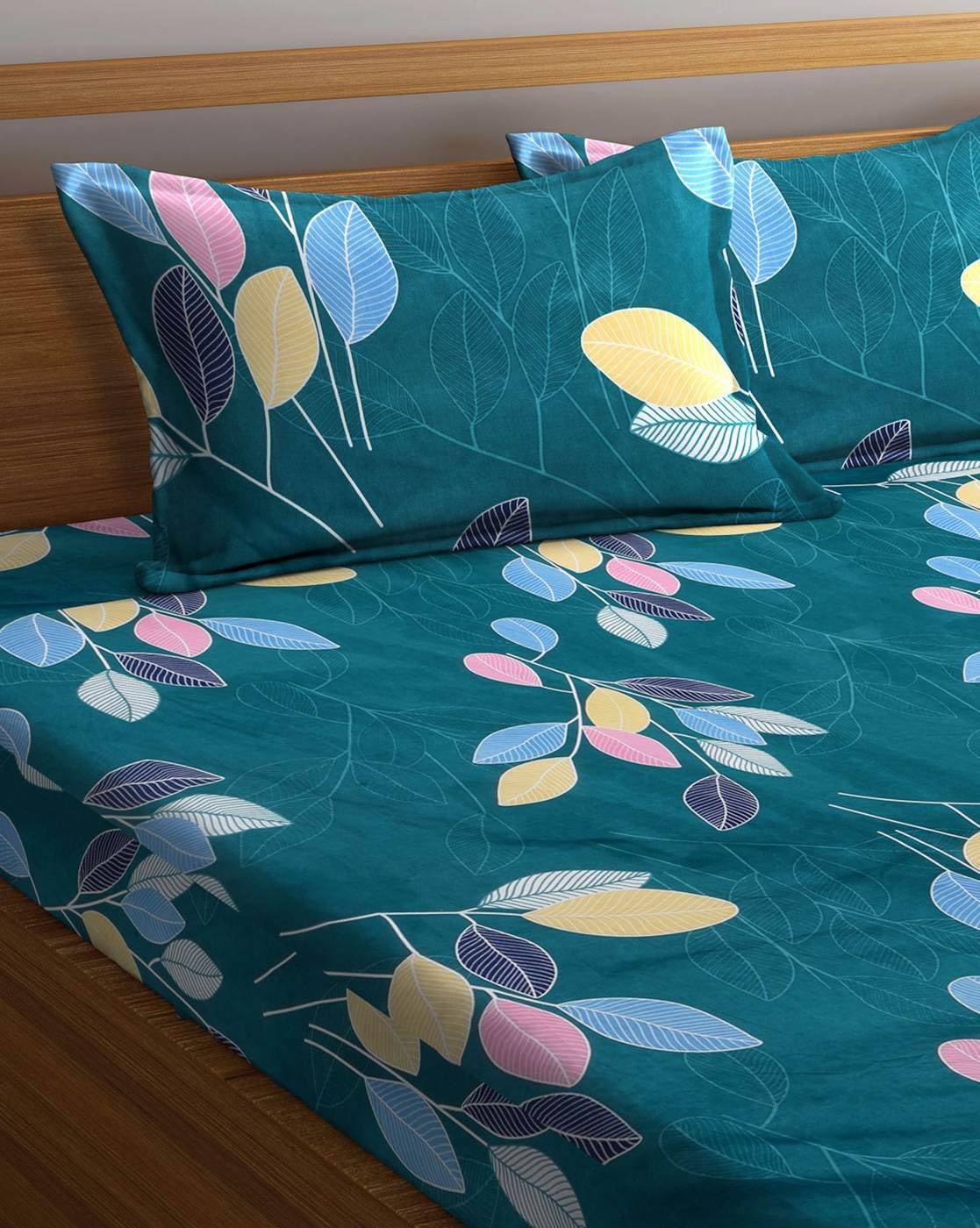 Printed Single Bedsheet With 1 Large Pillow Cover - Size - 42 X 75 X 8 Inches, Dark Green | Cotton Feel All Around Elastic Fitted Glace Bedsheet
