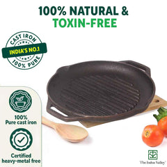 Pre-Seasoned Black Cast Iron Round Grill Pan With Double Handle - Medium, 26.7 Cm, 10.5 Inch, 0.6 Liters, 2.1 Kg | Induction Friendly, 100% Pure & Toxin-Free, No Chemical Coating