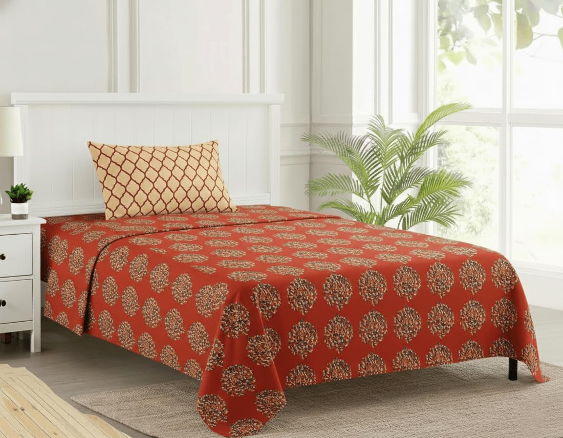 Cotton Printed Single Flat Bedsheet With 1 Pillow Cover - 60 X 100 Inches, Clay Red & Beige | Breathable & Skin Friendly Bedsheet | Ideal For Year Round Use