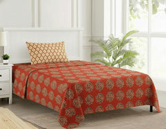 Cotton Printed Single Flat Bedsheet With 1 Pillow Cover - 60 X 100 Inches, Clay Red & Beige | Breathable & Skin Friendly Bedsheet | Ideal For Year Round Use