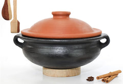 Deep Burned Uncoated Clay Pot With Lid & Handle Or Mitti Handi With 2 Spatulas Complimentary For Cooking & Serving - Black, 1 Liter | Pre-Seasoned Mud Pot - Unglazed, Double Fired, Hand Crafted