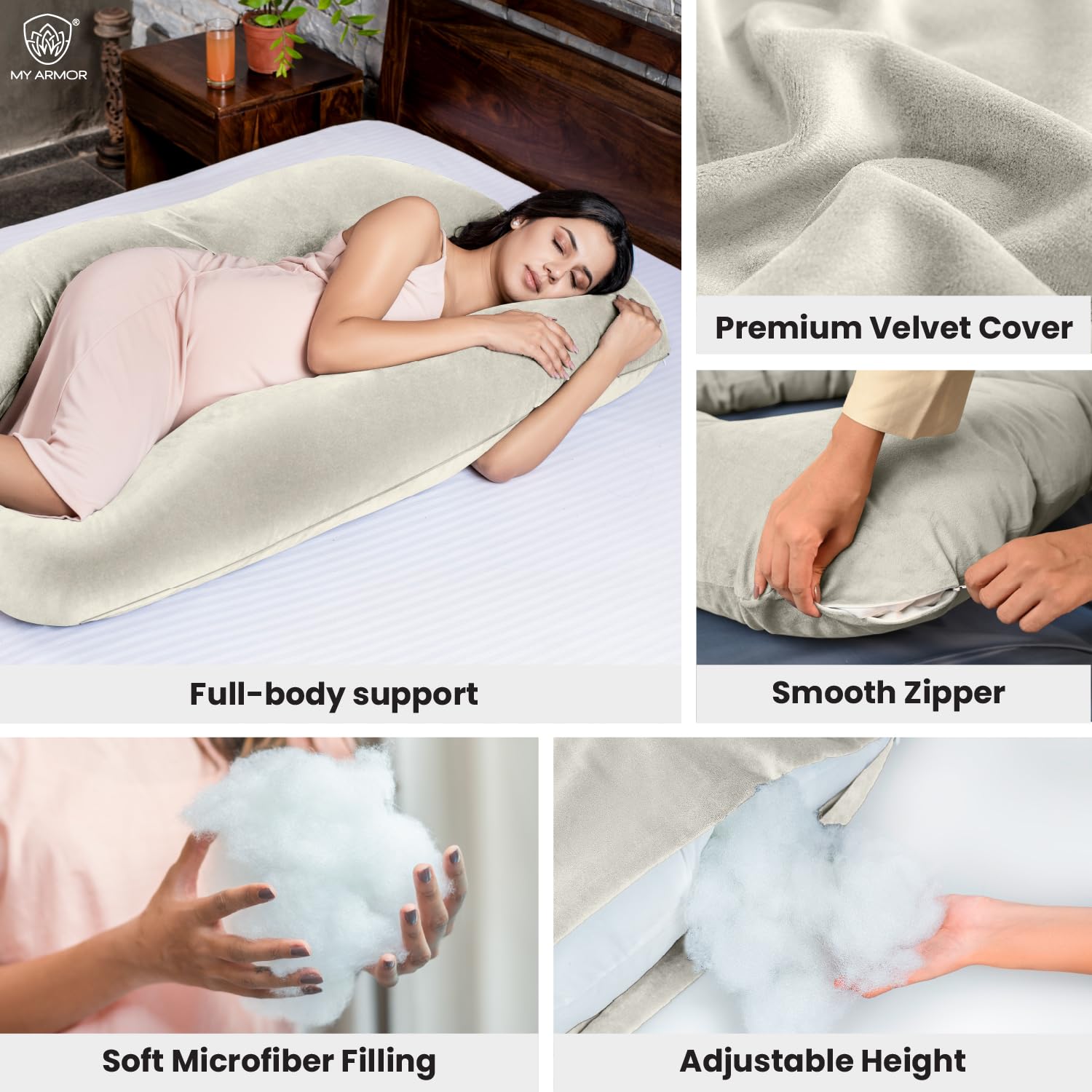 Full Body U Shape Pregnancy Pillow For Women, Maternity Pillow, Cream Color | Pillow Gift For Pregnancy Sleeping, Premium Velvet Cover With Zip | Adjustable & Washable, Relieves Pain