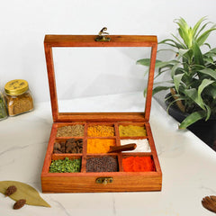 Sheesham Wood Spice Box With Spoon For Kitchen With 9 Partitions, Compartments - 8 X 8 X 2 Inches, Brown | Wooden Masala Box, Dabba, Container With Glass Lid - Fixed Partitions