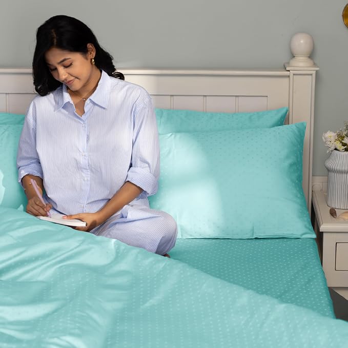100% Cotton Sateen Weave Queen Size Fitted Sheet Set With 2 Pillow Covers - 60 X 80 Inches, Turquoise | Premium Elastic Double Bedsheet