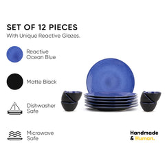 Ceramic Dinner Set Of 12 Pcs, Blue Reactive | Crockery Set For Dining Table - Dining Sets Crockery Items | Glossy Finish - 6 Dinner Plates+ 6 Veg Bowls, 220ml Each