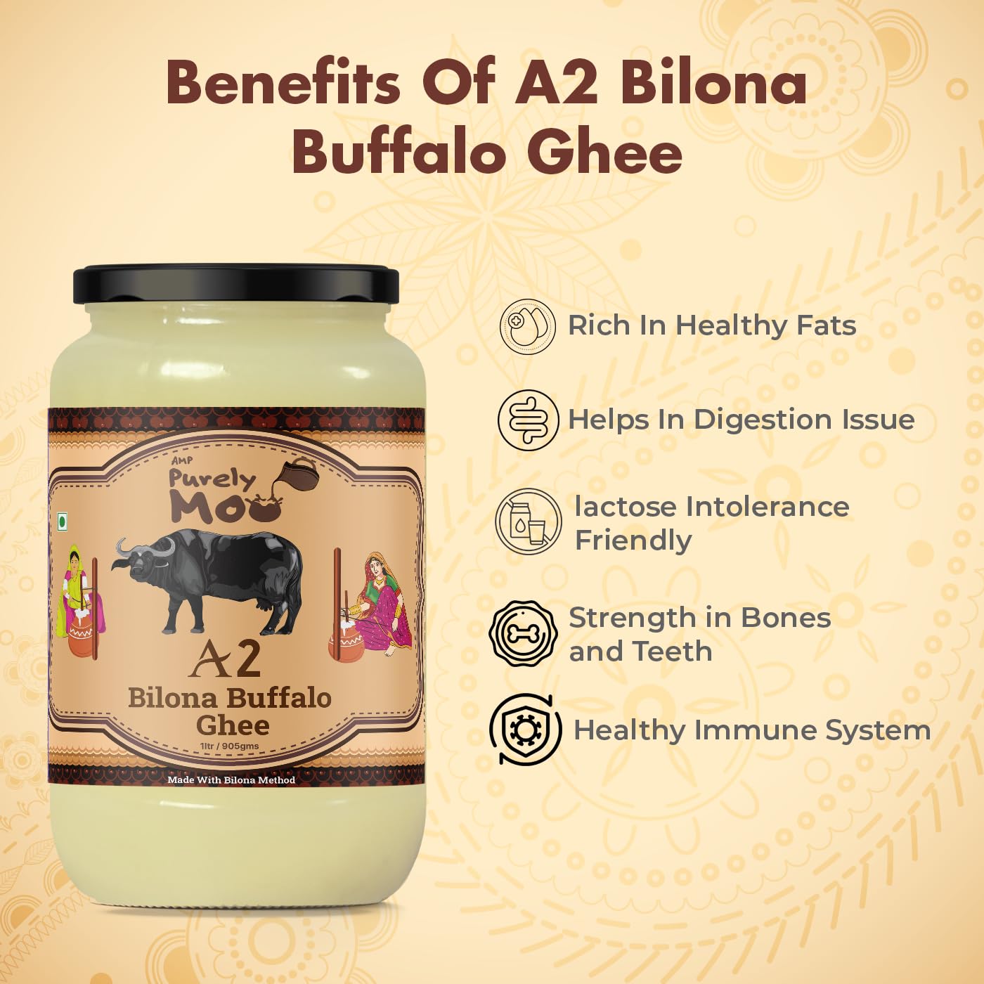 100% Pure A2 Bilona Buffalo + A2 Bilona Cow + A2 Cultured Cow & A2 Cultured Buffalo Ghee By AMP Purely Moo | Healthy & Nutrients Pure Combo Desi Ghee | 4 Litre (1 Litr * 4) 135.2 Ounce | Jar Pack