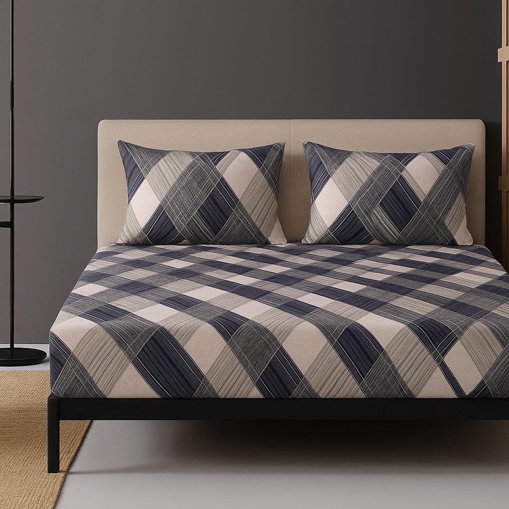 1 Bedsheet For Double Bed With 2 Pillow Covers - 90 X 100 Inches, Beige & Grey | Premium Cotton Material Double Bedsheet Queen Size | Skin Friendly & Long Lasting